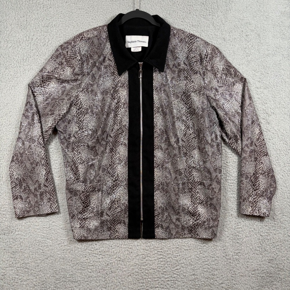 Vtg Stephanie Thomas Snake Animal Print Zip Up Jacket Women Sz 18 Gray Black USA